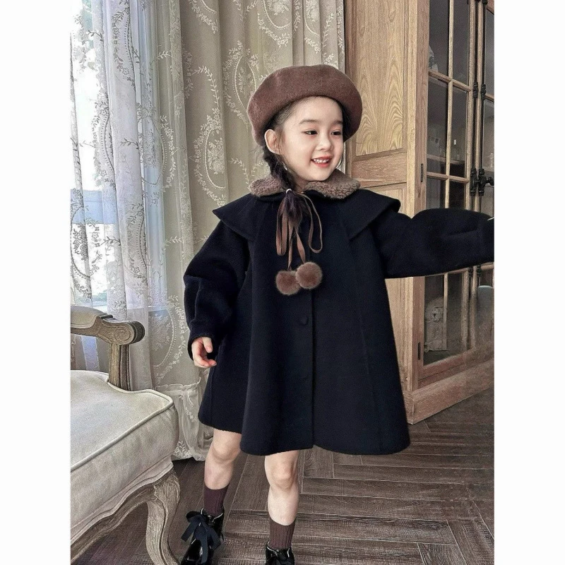 韩国童装2025冬季新款黑色双面羊毛翻领呢大衣男女童加厚毛呢外套