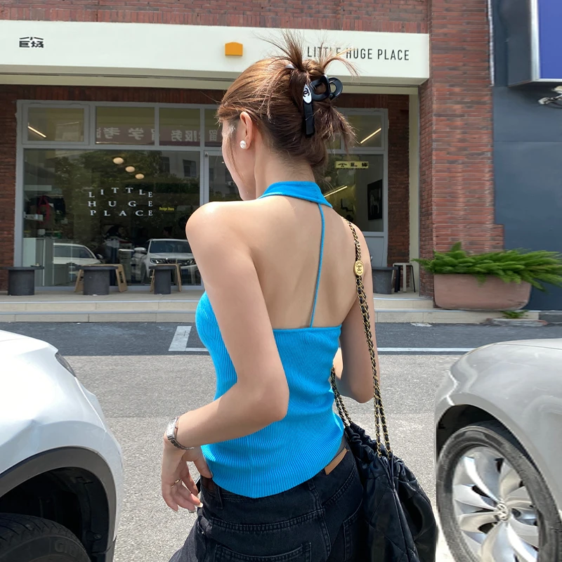 蓝色针织露背挂脖吊带背心女夏外穿新款打底内搭无袖小上衣