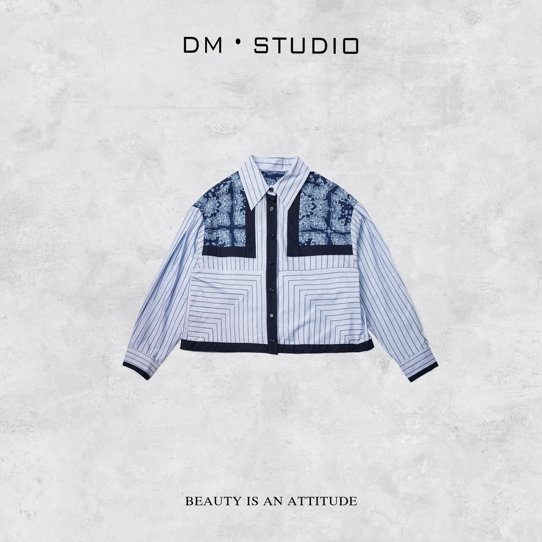 -DM•STUDIO/精致轻奢高级感气质拼接条纹衬衫上衣（00640C）