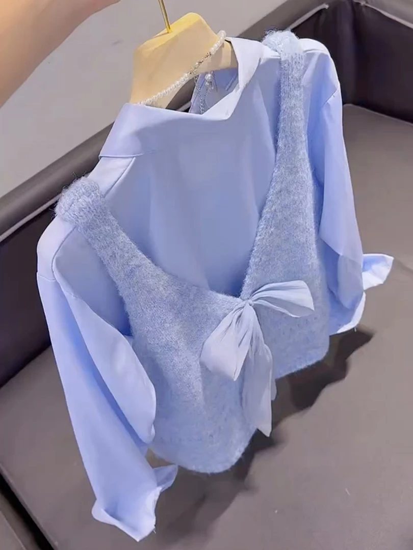韩系穿搭一整套高级感超好看软糯蓝色Polo领针织背心毛衣套装女秋