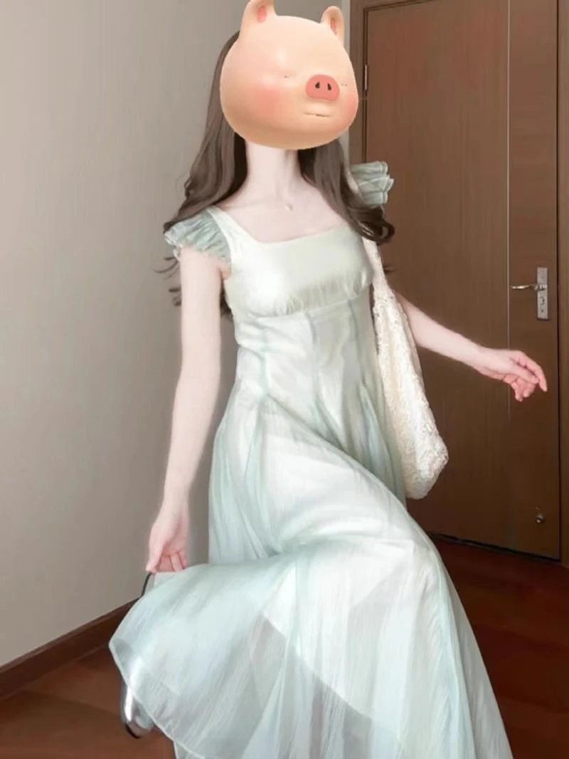 277#现货2025新款法式薄荷曼波浪漫仙女连衣裙女夏收腰大摆度假裙