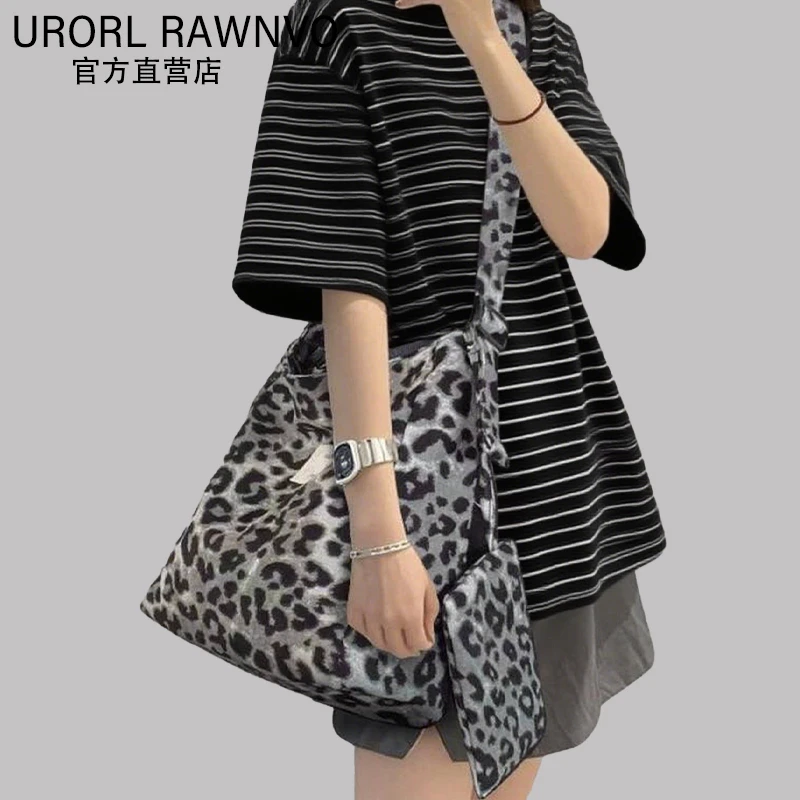 UR韩系毛呢豹纹子母托特包包女新款2025大容量小众百搭单肩斜挎包