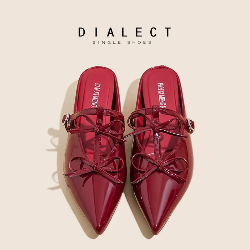 尖头包头拖鞋女2025新款复古小众蝴蝶结懒人一脚蹬内增高浅口单鞋