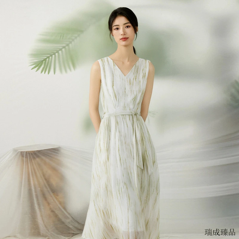 Z温柔碎花高腰优雅无袖大摆裙拼接夏季复古裙子长款连衣裙显瘦