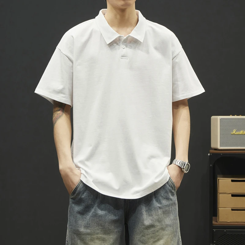 260g重磅Polo衫男夏季复古美式翻领半袖衬衣高级感痞帅白色短袖潮