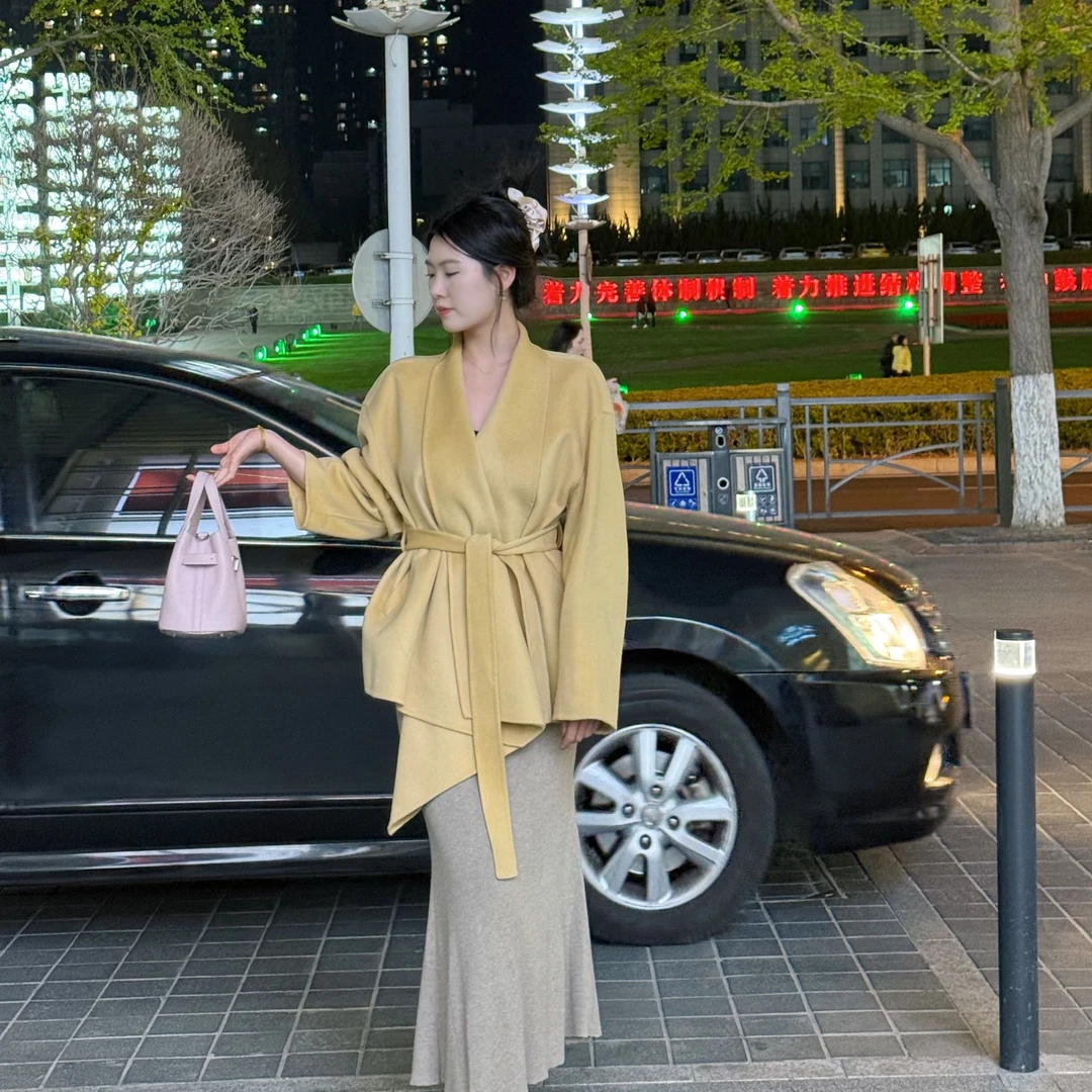 【蒋美丽】一百毛浴袍领中长款贵气多色羊毛大衣显瘦气质长袖宽松