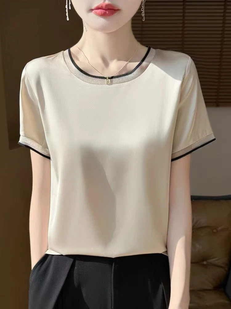 设计感网纱拼接圆领短袖春夏新款缎面高级气质T恤衫宽松显瘦套头