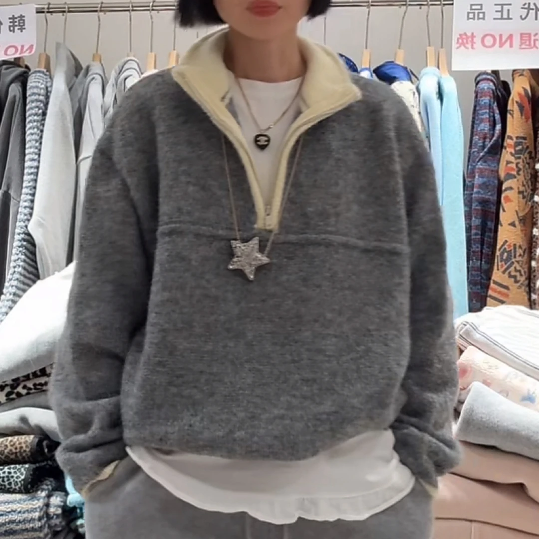 舜 韩国东大门正品拉链领口灰色套头毛衣