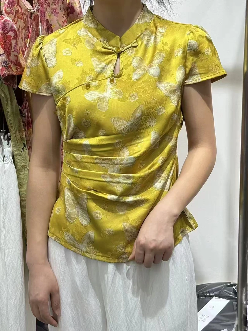 黄色蝴蝶 新中式短袖夏季女立领衬衫复古小衫职场休闲风