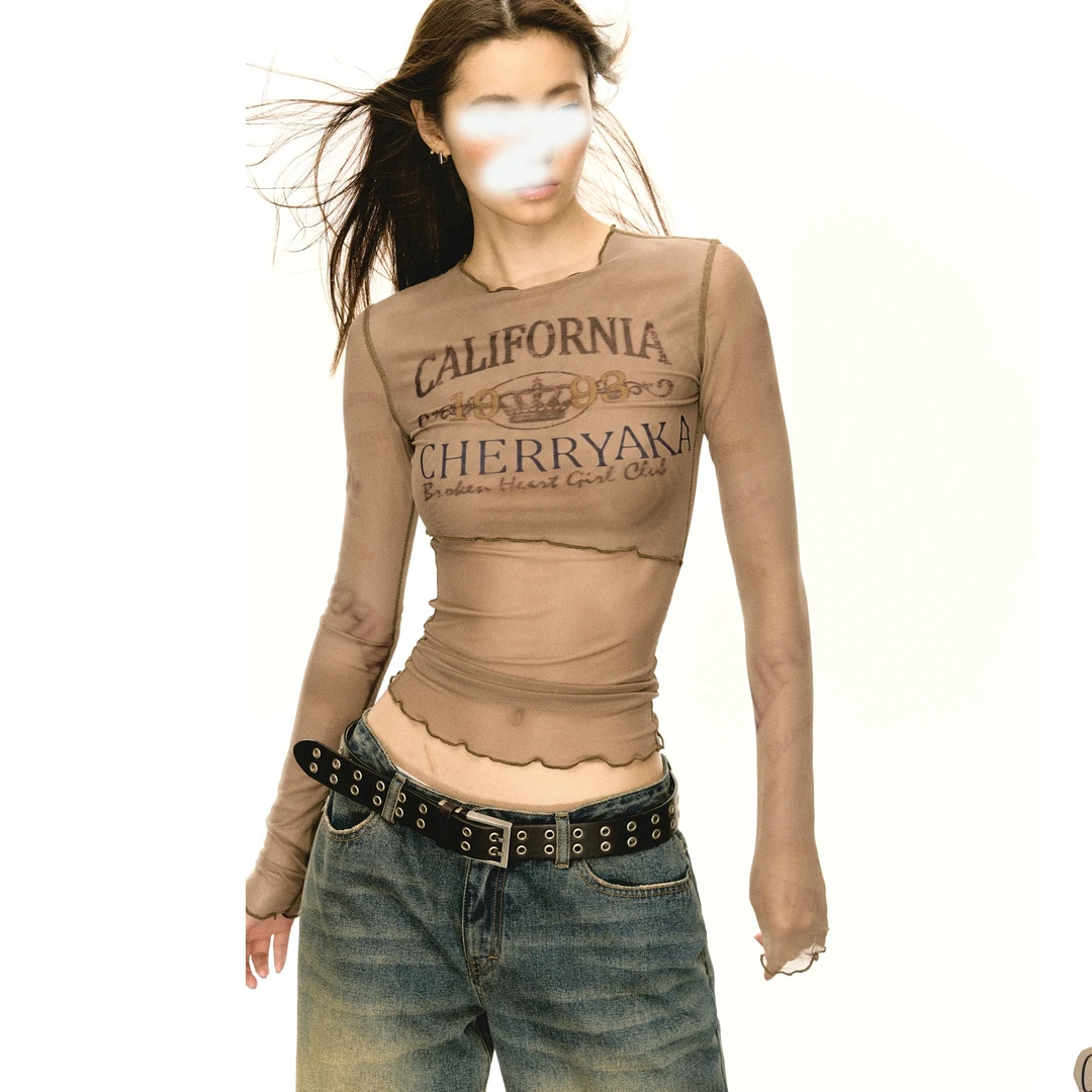 美式复古辣妹网纱长袖印花t恤女春夏新款紧身上衣内搭短款打底衫