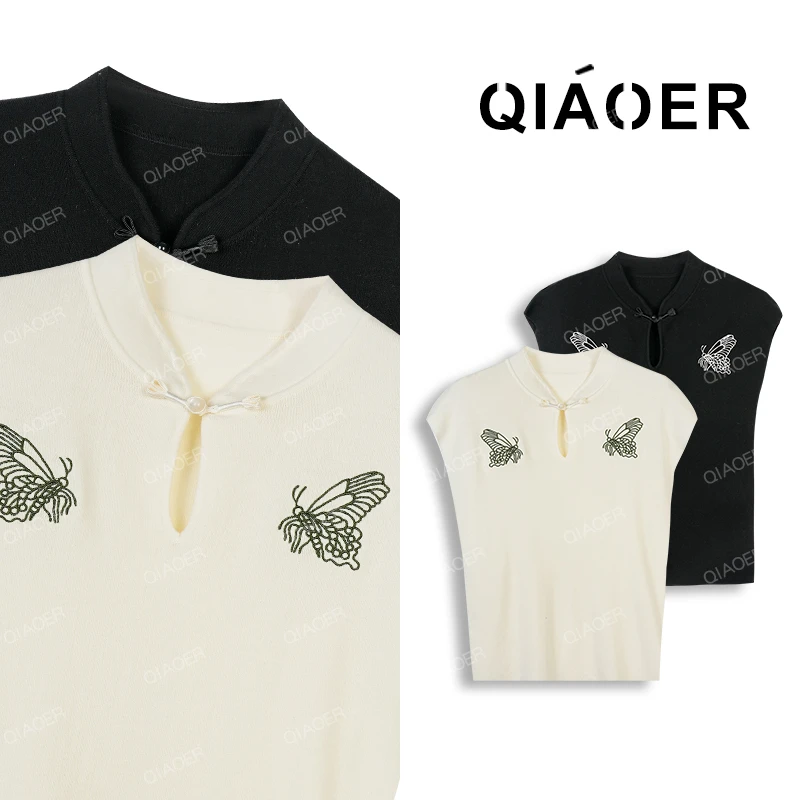 乔儿定制【绿蝶】100莱赛尔天丝新款百搭T恤女重工刺绣新中式上衣薄