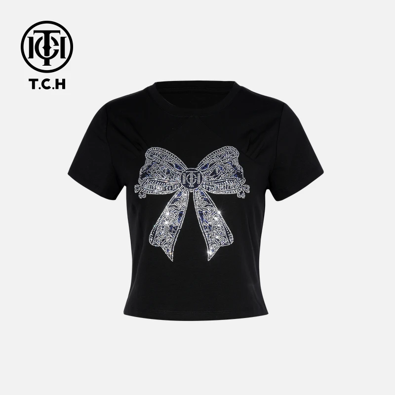 TCH轻奢烫钻工艺时尚休闲百搭蝴蝶结T恤女T75B10E1005私服tch