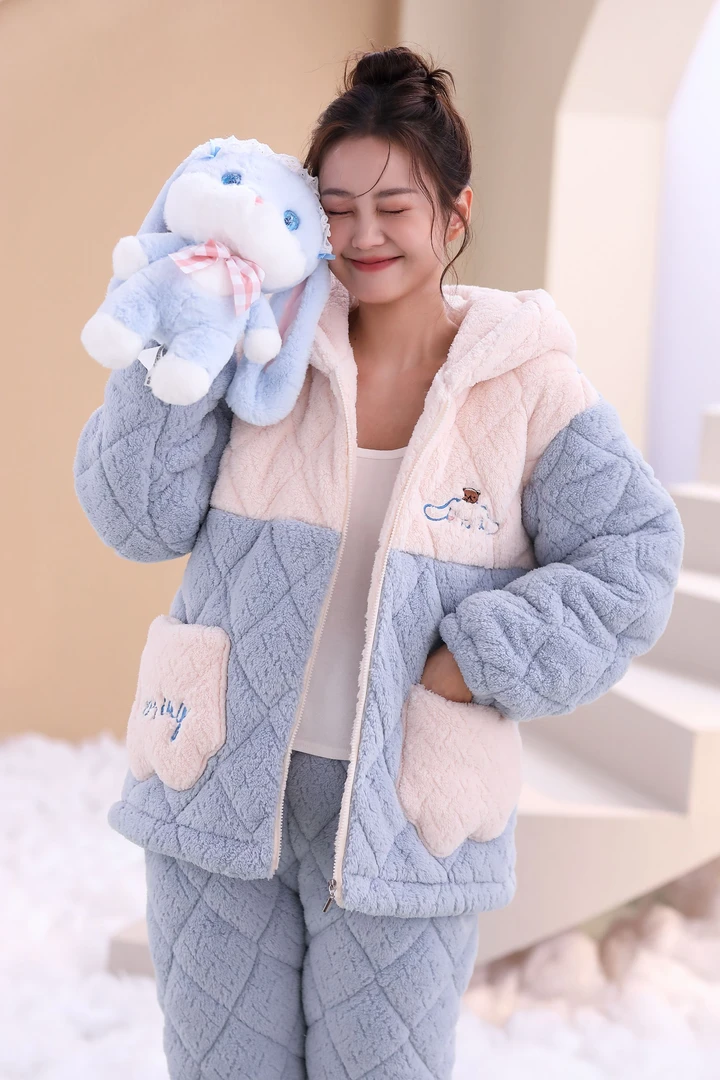 【0320玉桂狗】家居女套装冬加厚外穿中长款毛绒卡通家居服睡衣连帽
