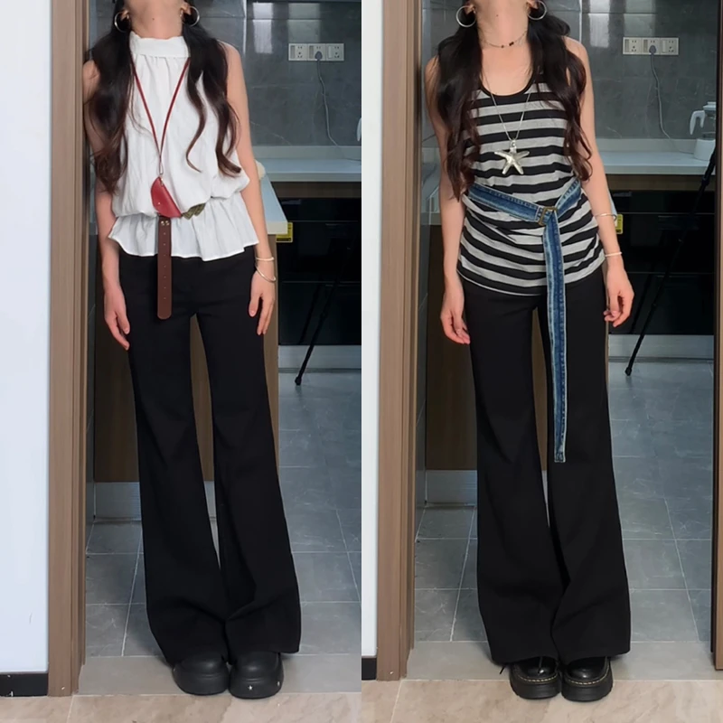 秋季基础百搭黑色不贴腿喇叭裤女高腰显瘦弹力直筒微喇拖地牛仔裤