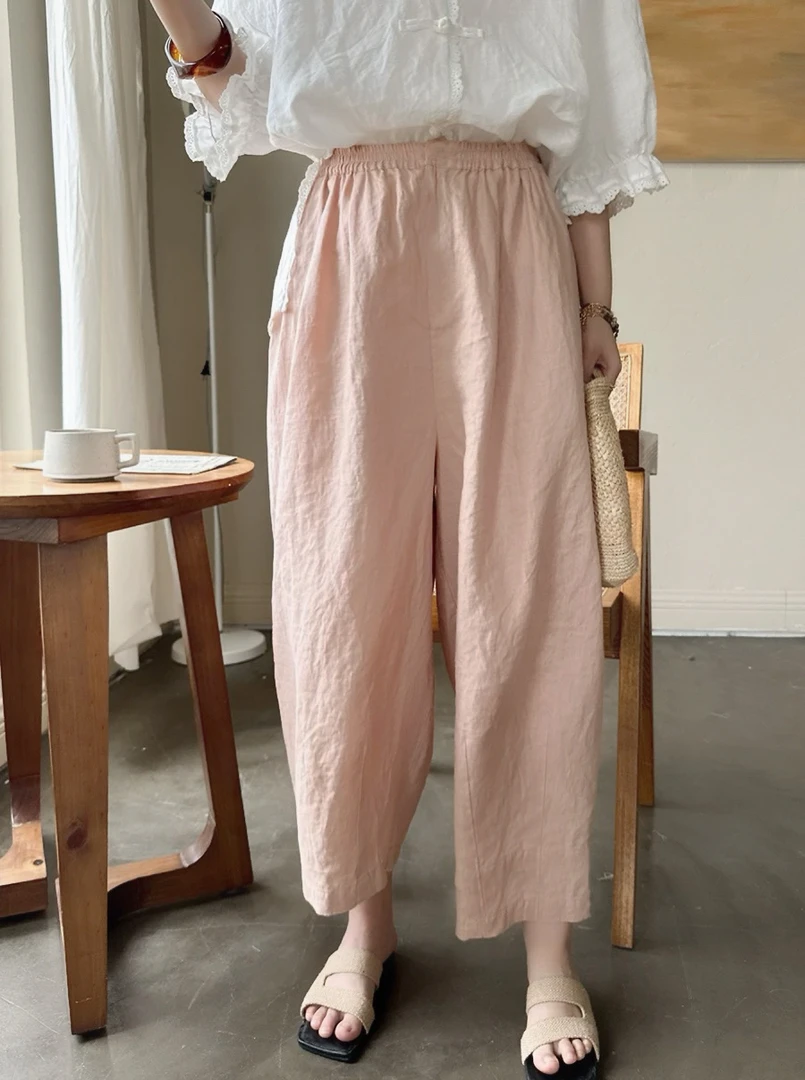 【涂泥植物染】天花板文艺风空气感显瘦垂坠宽松休闲麻料裤24153