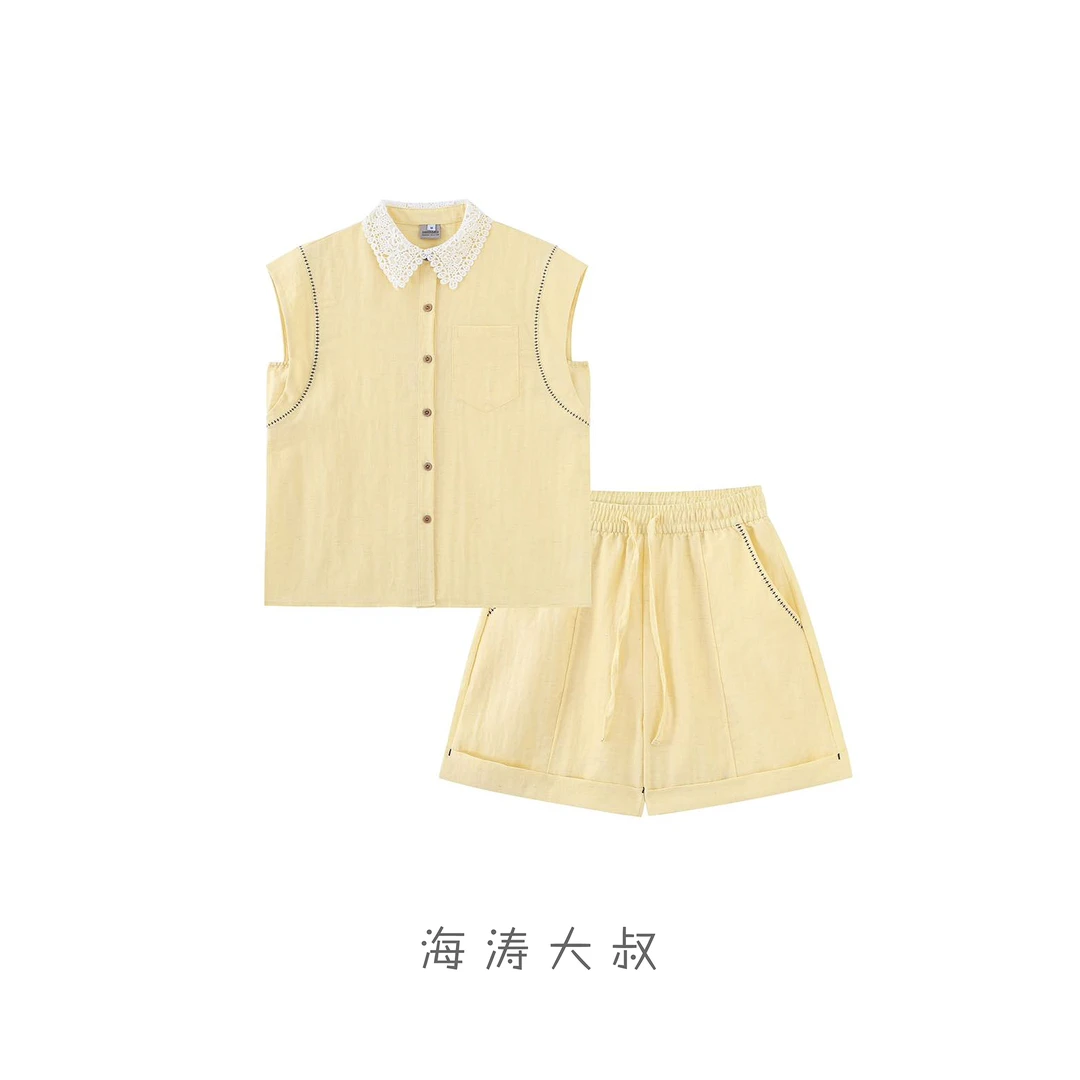 【海涛大叔】「甜美一夏」天丝亚麻蕾丝花边领短袖短裤套装