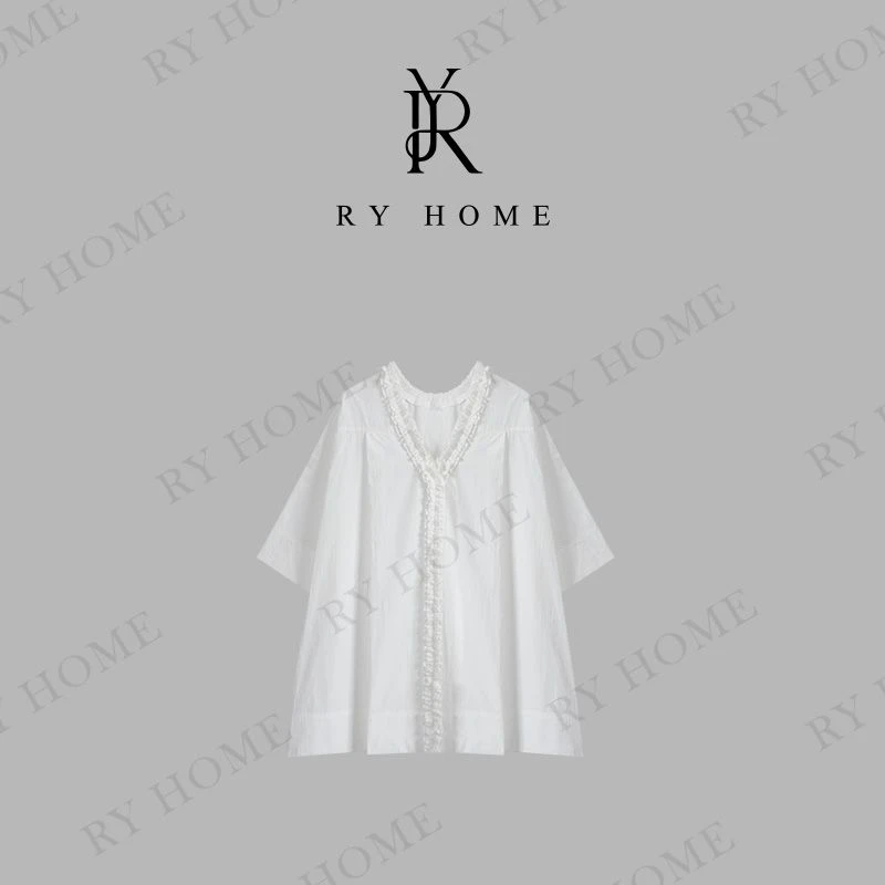 【容雨RYHOME】100%棉简约花领边宽松短袖衬衫252C1493