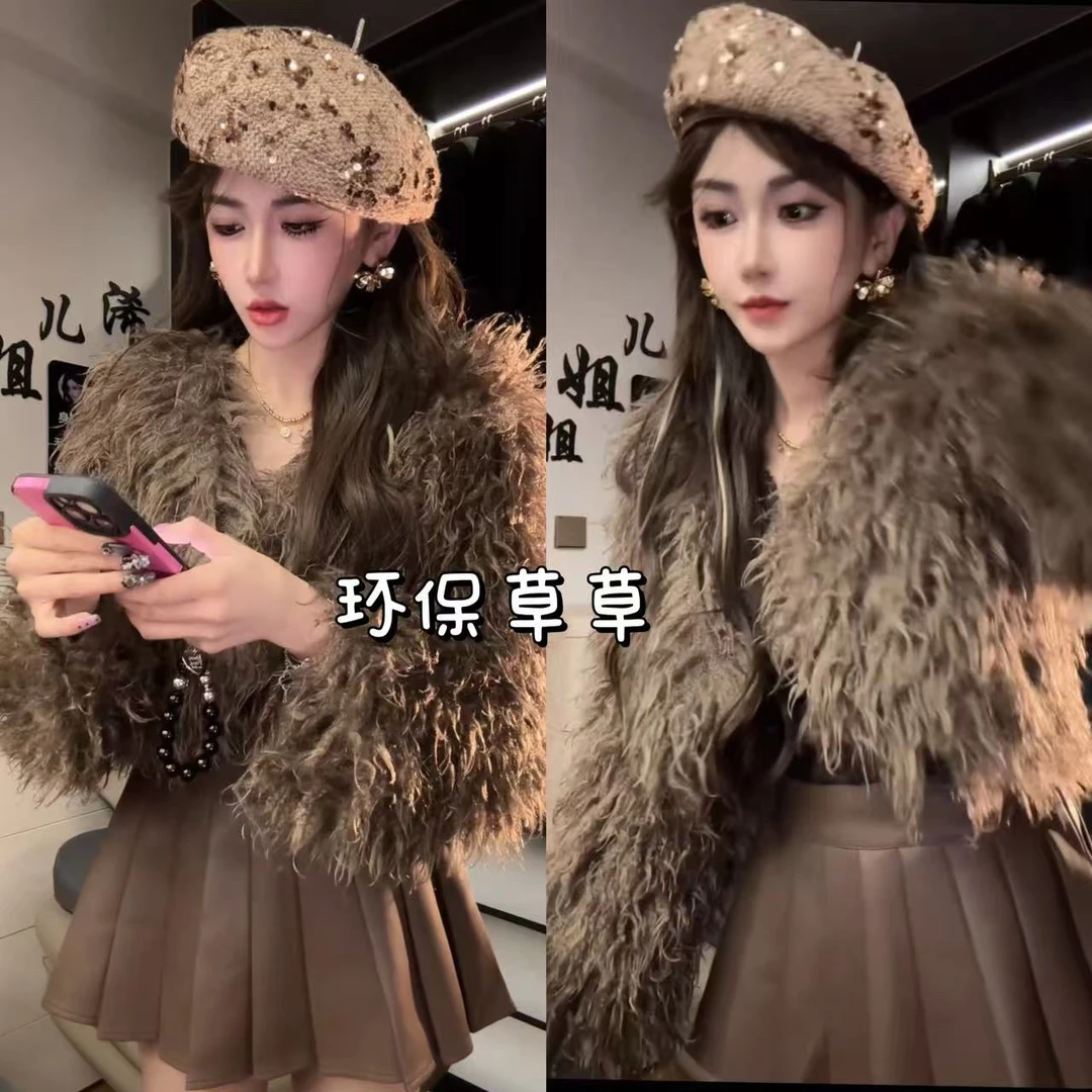 人造皮草 （浠儿家）新款百搭显瘦短款仿皮草毛毛外套女毛绒上衣