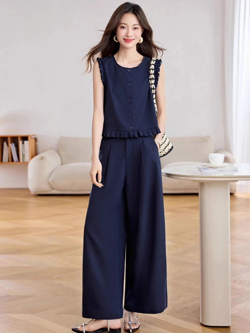 0945时尚套装女夏季新款无袖马甲背心阔腿休闲裤两件套