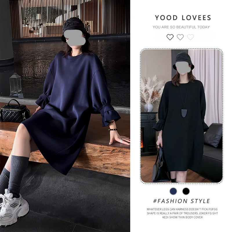 赫本风设计时尚穿搭圆领花瓣袖连衣裙轻熟稳重名媛气质遮肉中长裙