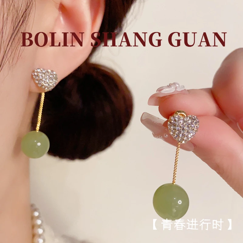 铜合金耳饰 满钻爱心一款两戴绿色珠子耳坠女气质时尚小清新qh