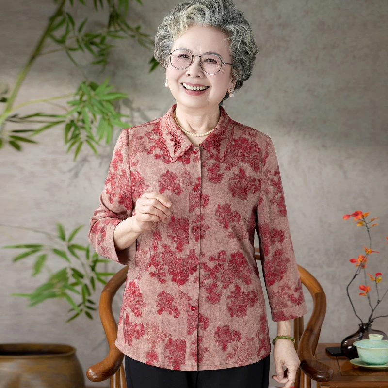 奶奶夏装衬衫七分袖中老年人妈妈夏季国风衬衣老太太衣服婆婆上衣