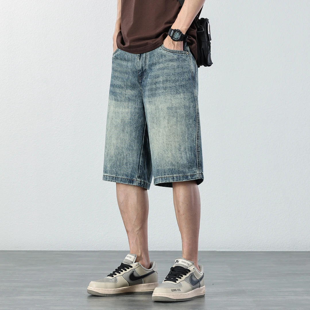 美式复古水洗牛仔短裤男士夏季宽松直筒中裤休闲阔腿五分裤子男款