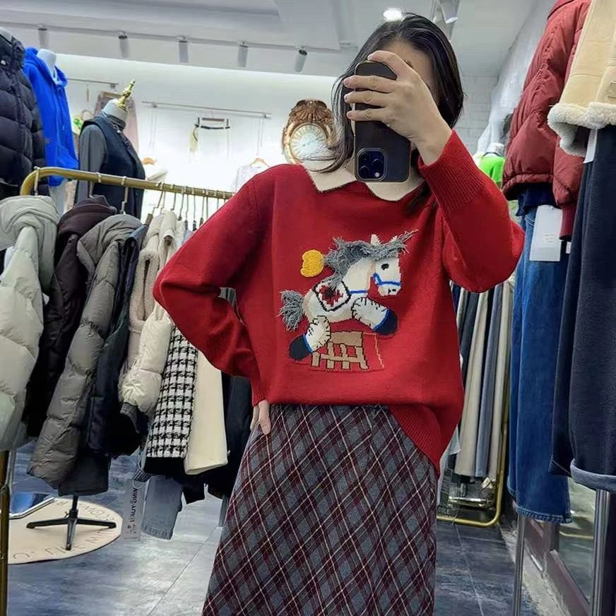 秋冬新品新年本命年娃娃领甜美减龄小马洋气时尚针织衫毛衣女打底