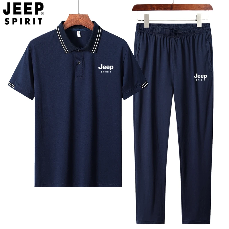 jeep吉普夏季纯棉运动休闲套装polo衫短袖长裤两件套父亲节套装