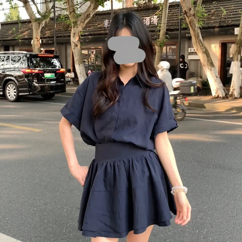 白月光酷飒套装女夏季小众短袖衬衫高腰短裙韩风chic超好看两件套