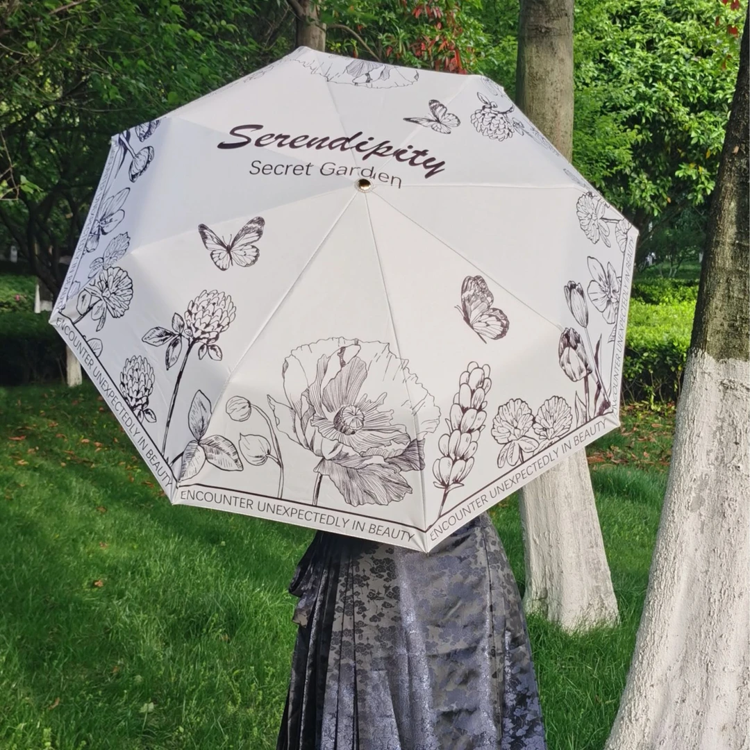 三折五折8骨反向双层双面花手动雨伞黑胶防晒晴雨两用伞遮阳雨伞