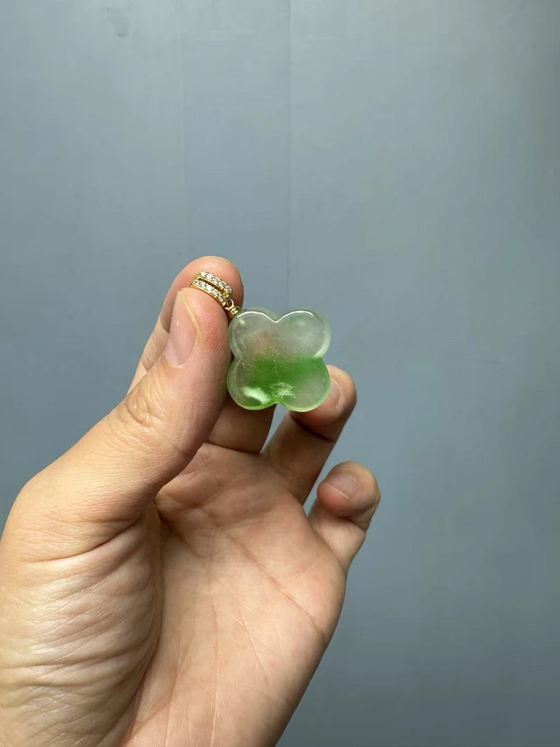 翡翠飘花14k四叶草吊坠