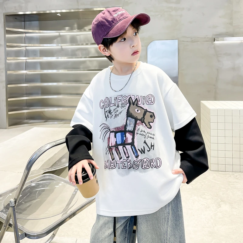 男童卫衣春秋款2025新款儿童假两件休闲炸街春季春装长袖打底衫潮