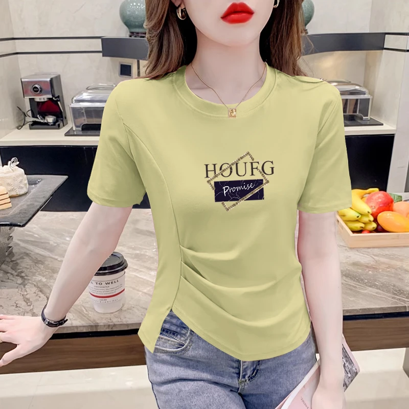 纯棉女装褶皱不规则正肩短袖t恤夏季胖mm显瘦设计感甜辣小衫上衣