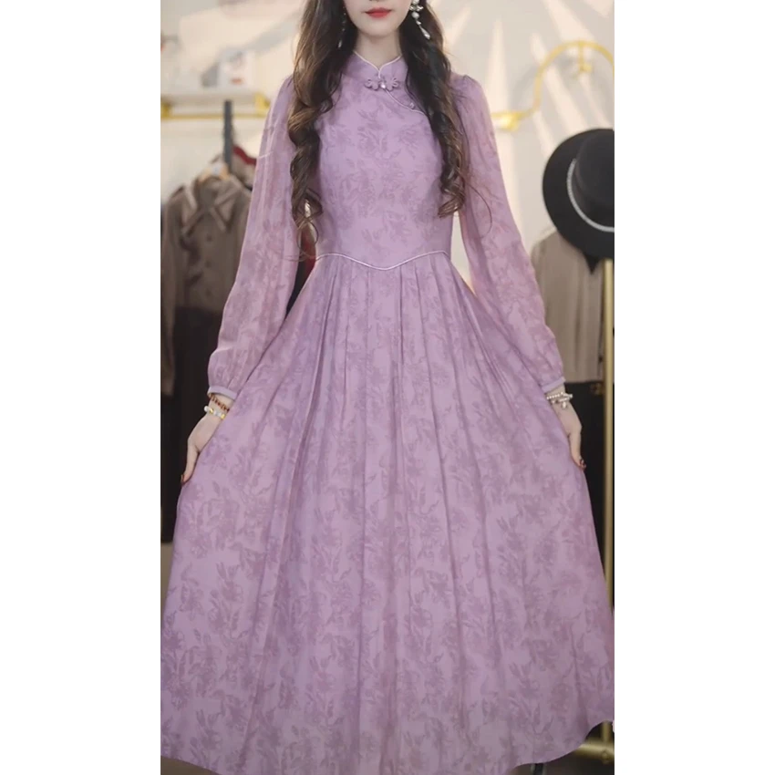 L156中国风气质长袖连衣裙夏季新款复古减龄流光时尚洋气中长款裙