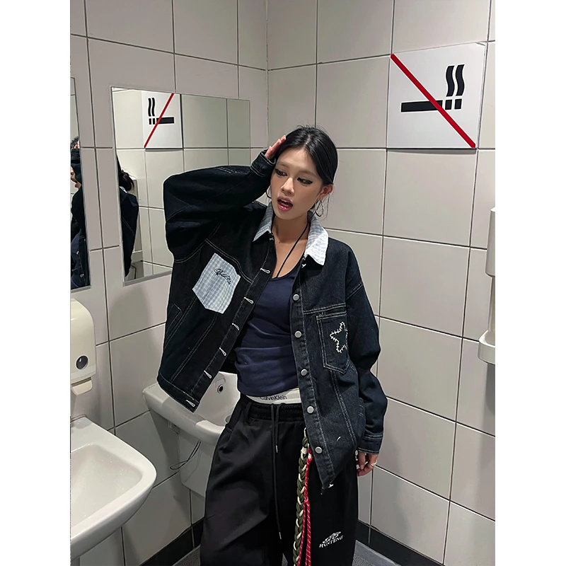 早秋季美式复古丹宁黑格子拼接牛仔外套女潮牌明线设计感长袖夹克