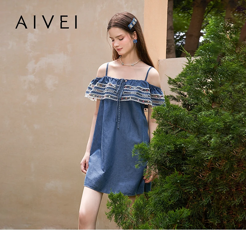 AIVEI欣贺艾薇夏季新少女可爱清新一字肩仿牛仔吊带裙R0360188