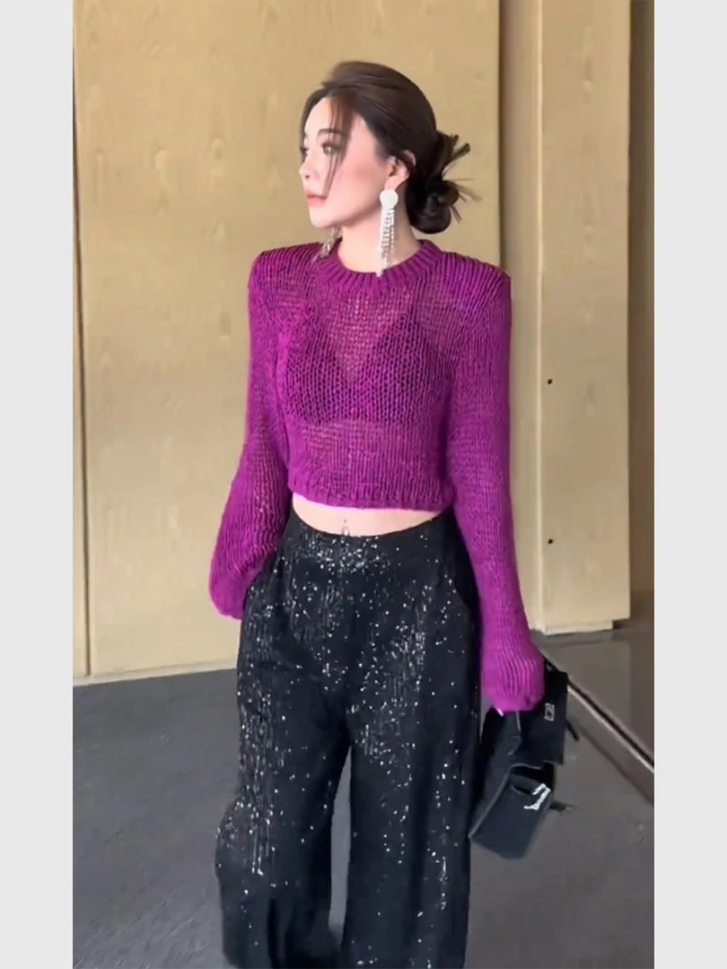 酷飒拽姐轻熟独特漂亮短款紫色镂空针织衫上衣2025秋季氛围感穿搭