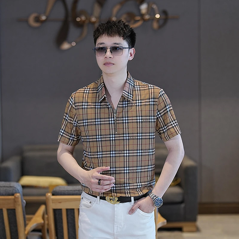 男士夏季新款冰丝修身半拉链短袖休闲百搭薄款翻领时尚衬衣