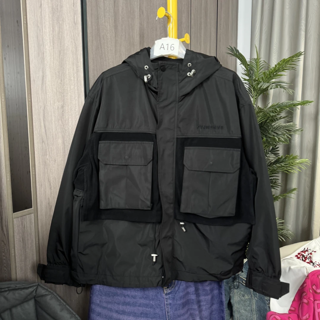 【B018】秋季摇粒绒拼接多口袋美式休闲连帽夹克时尚工装流浪丹宁风