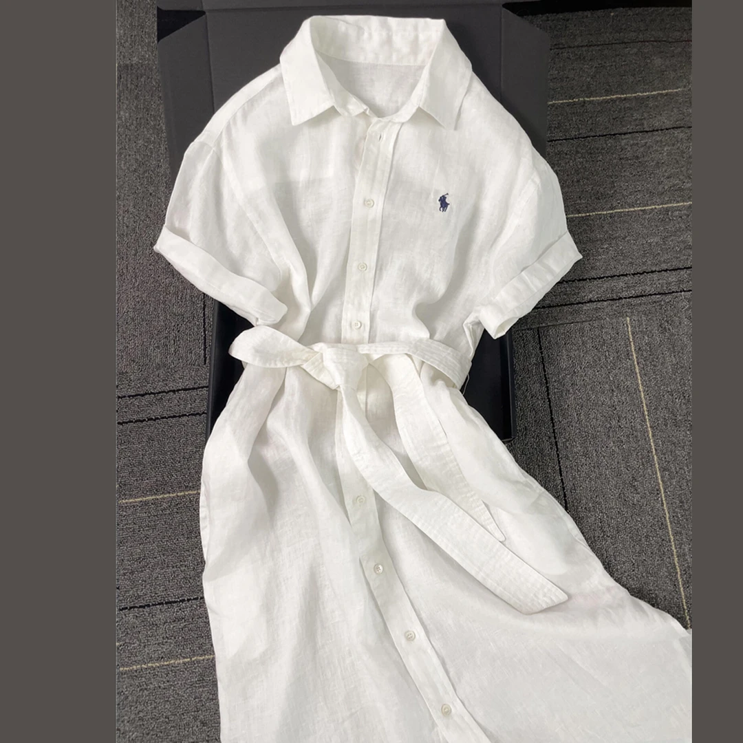 白色气质亚麻短袖polo领连衣裙子女夏季新款绑带收腰衬衫长裙4096