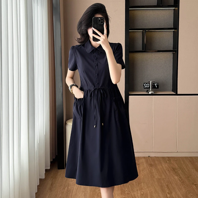 高级感藏蓝色修身显瘦连衣裙胖mm妈妈装大码女装气质短袖夏季新款
