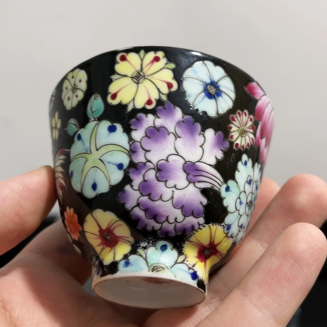 摆件存*黑底百花杯