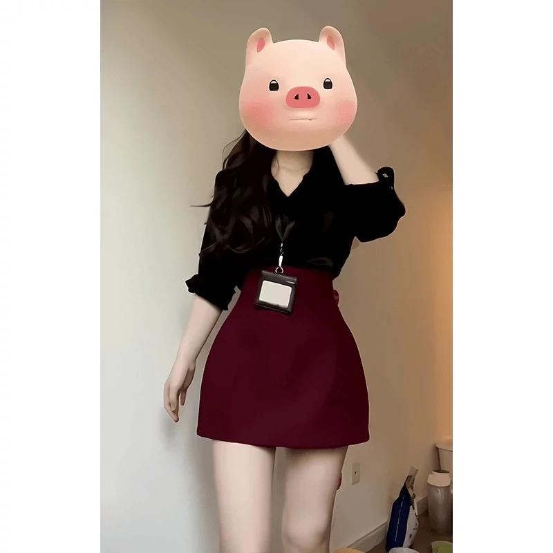 春季新款御姐轻熟气质翻领宽松衬衫上衣高腰包臀A字半身裙俩件套