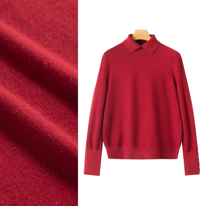 冬季亮片翻领套头羊毛衫长袖打底针织衫上衣