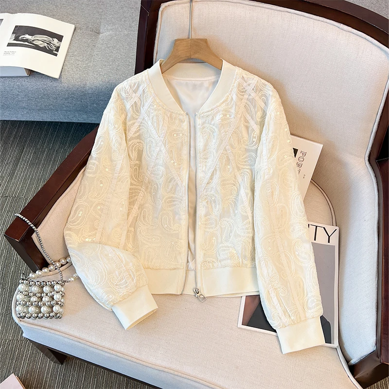 拉夏贝尔白色洋气圆领开衫短外套女2025夏季薄款刺绣时尚夹克外套