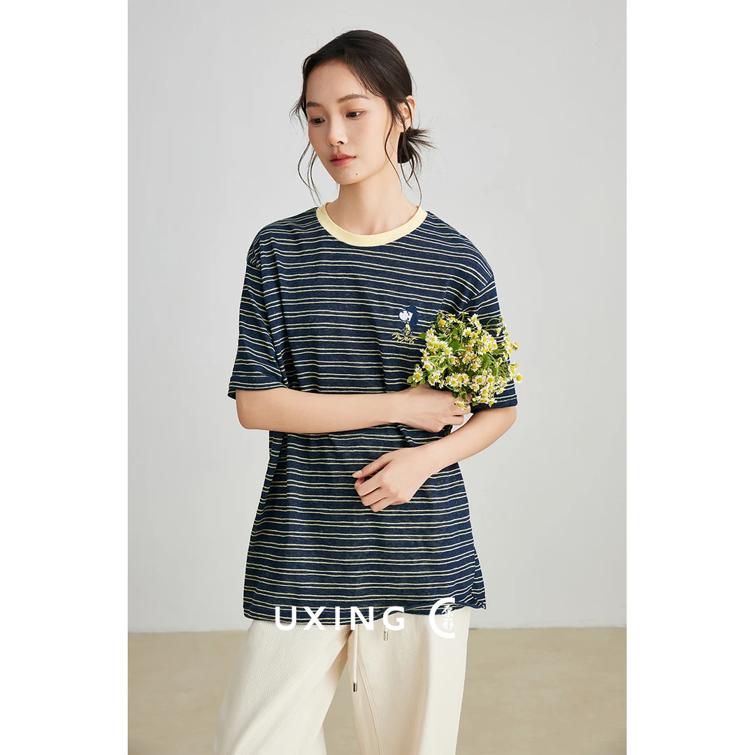 原形文艺复古经典时尚条纹短袖T恤2025夏季新款宽松显瘦上衣91387