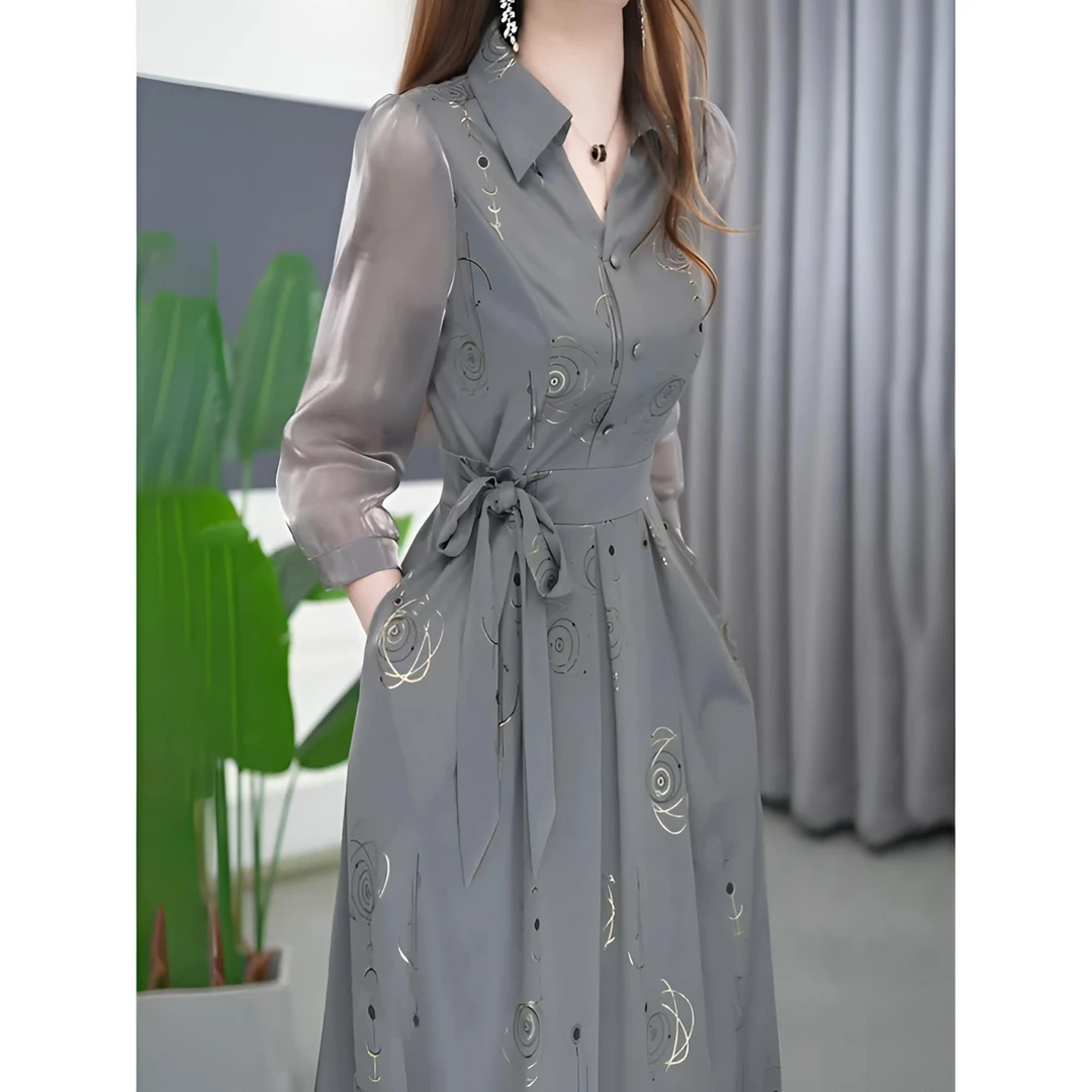 2025春新款轻奢A字裙中长显瘦长袖POLO领时尚连衣裙