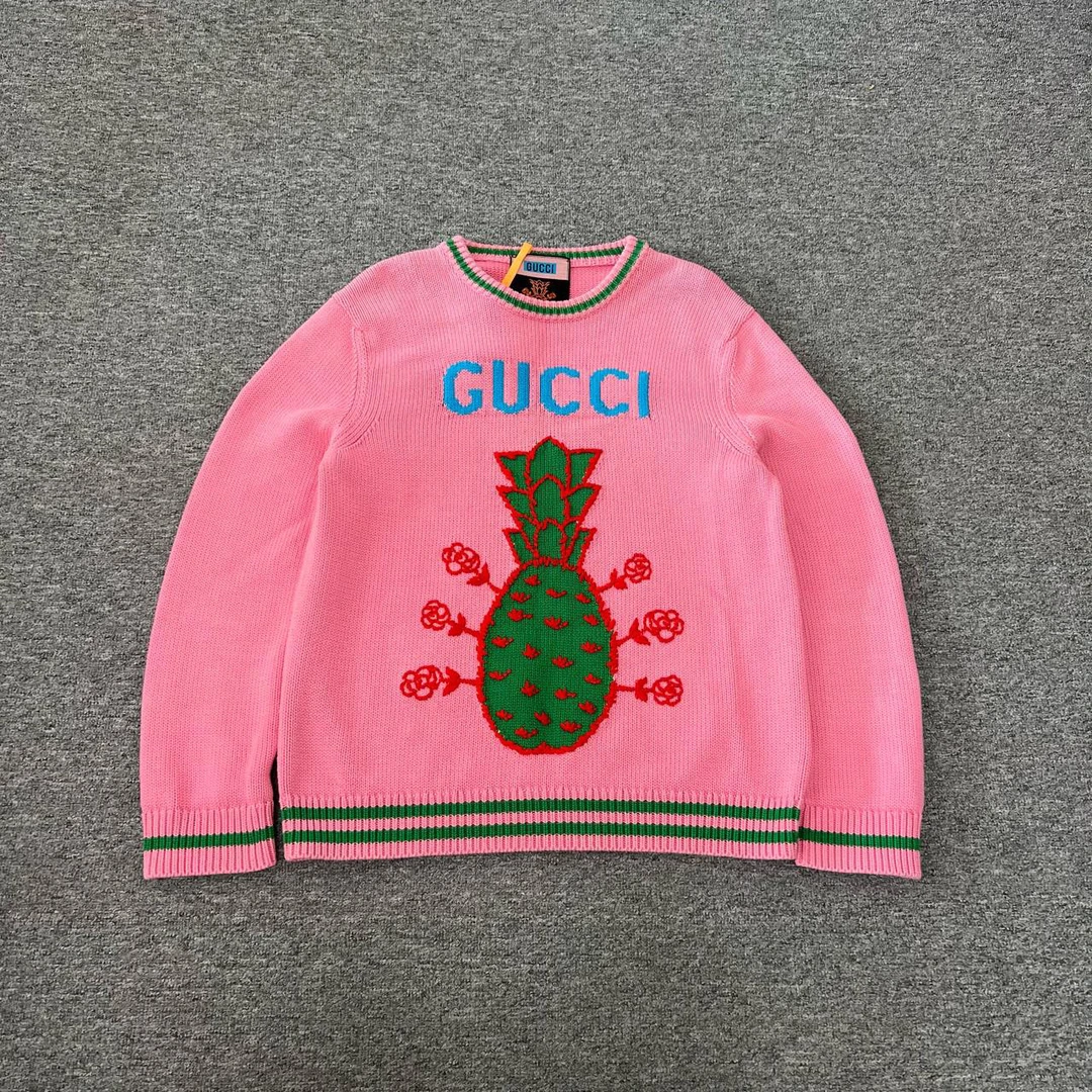 99新 GUCCI/古驰 菠萝 粉色羊毛针织毛衣 L码