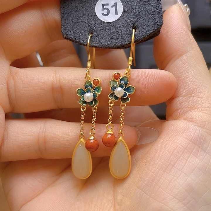 和田玉银S925镀金镶嵌耳饰